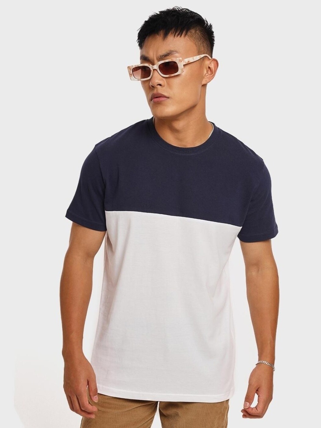 

Bewakoof Plus Plus Size Men Colourblocked Cotton T-shirt, Navy blue
