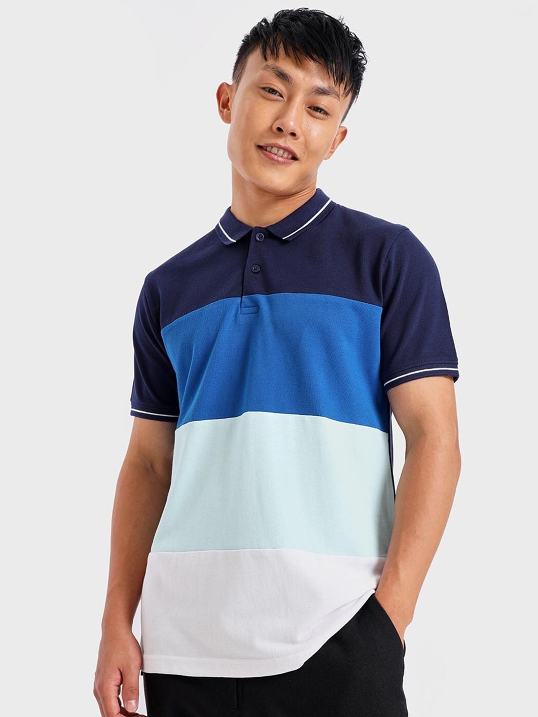 

Bewakoof Plus Plus Size Men Colourblocked Polo Collar Cotton T-shirt, Blue
