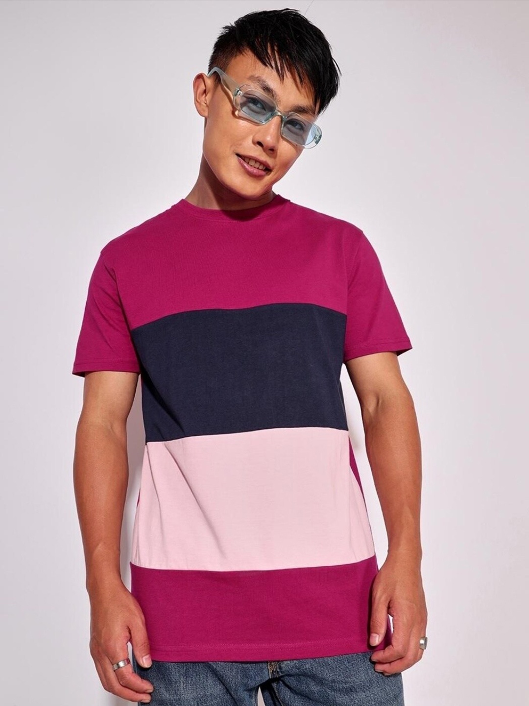 

Bewakoof Plus Plus Size Men Colourblocked Cotton T-shirt, Pink