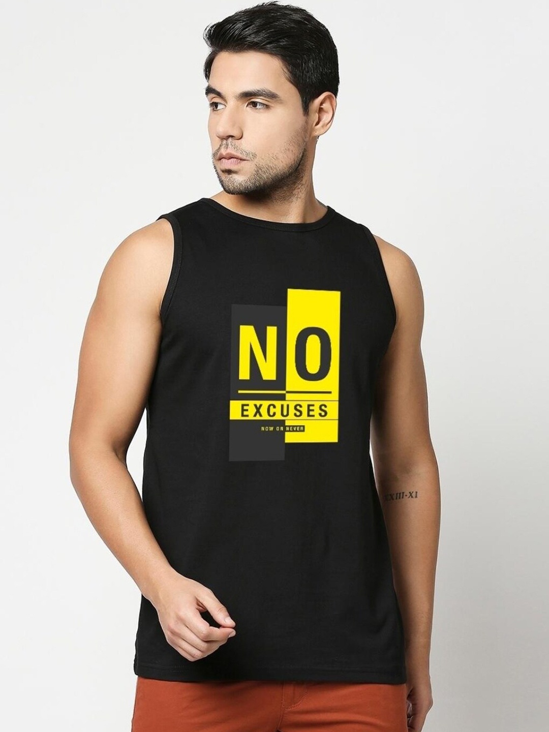

Bewakoof Men Printed Cotton Basic Innerwear Vests, Black