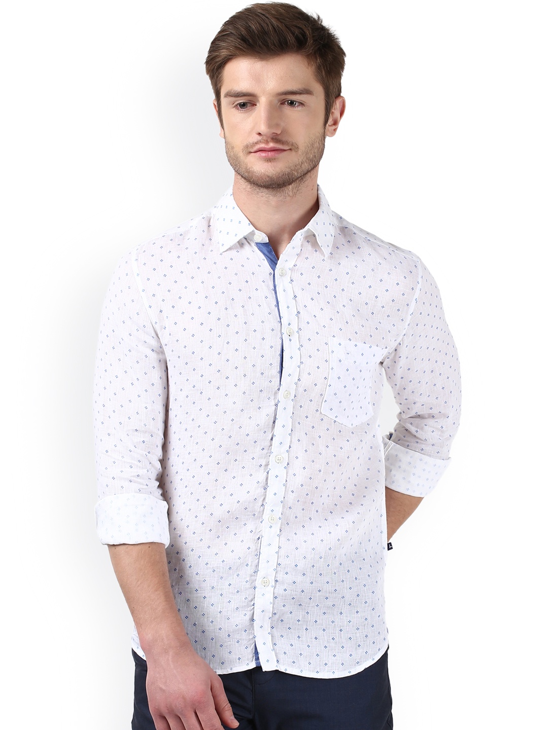 

Parx Men White Smart Slim Fit Printed Linen Casual Shirt, Blue