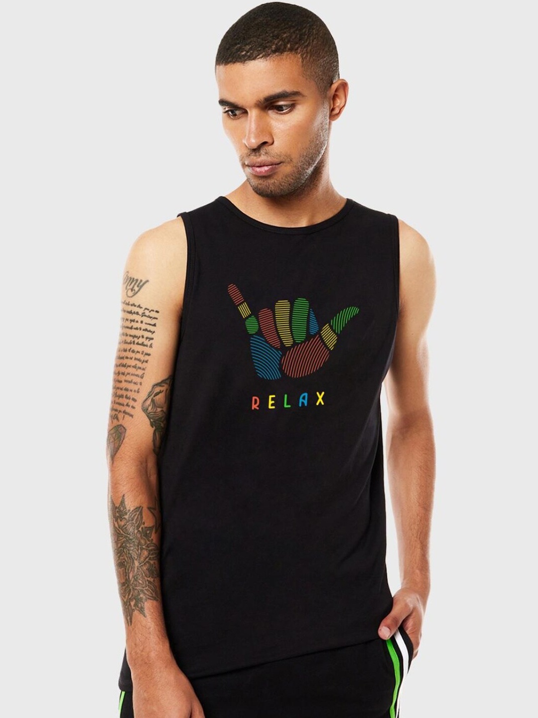 

Bewakoof Men Printed Pure Cotton Innerwear Vests, Black