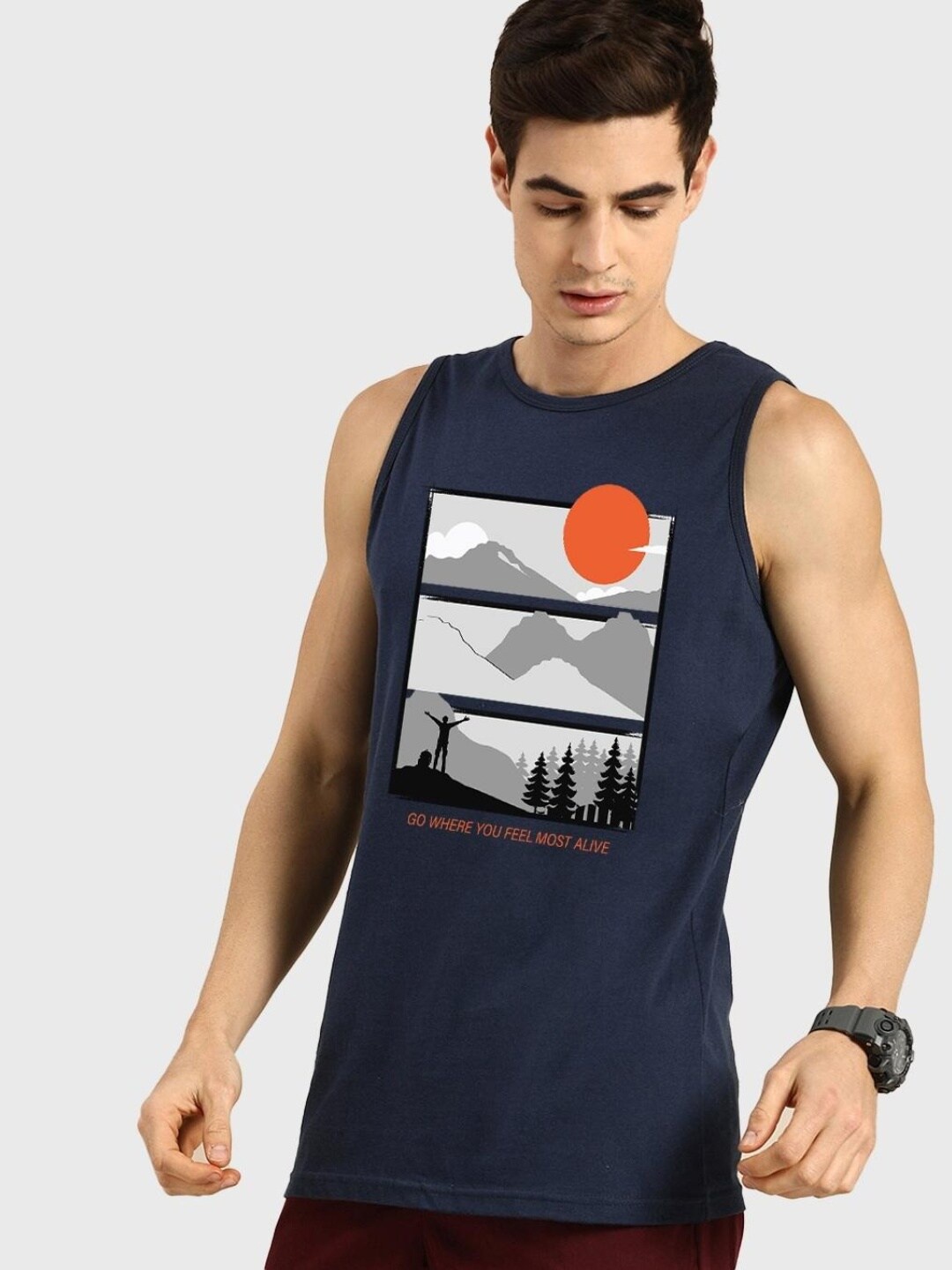 

Bewakoof Men Printed Cotton Innerwear Vests, Blue