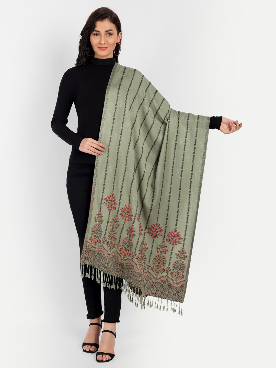 

HK colours of fashion Women Woven design Embroidered Stole, Green