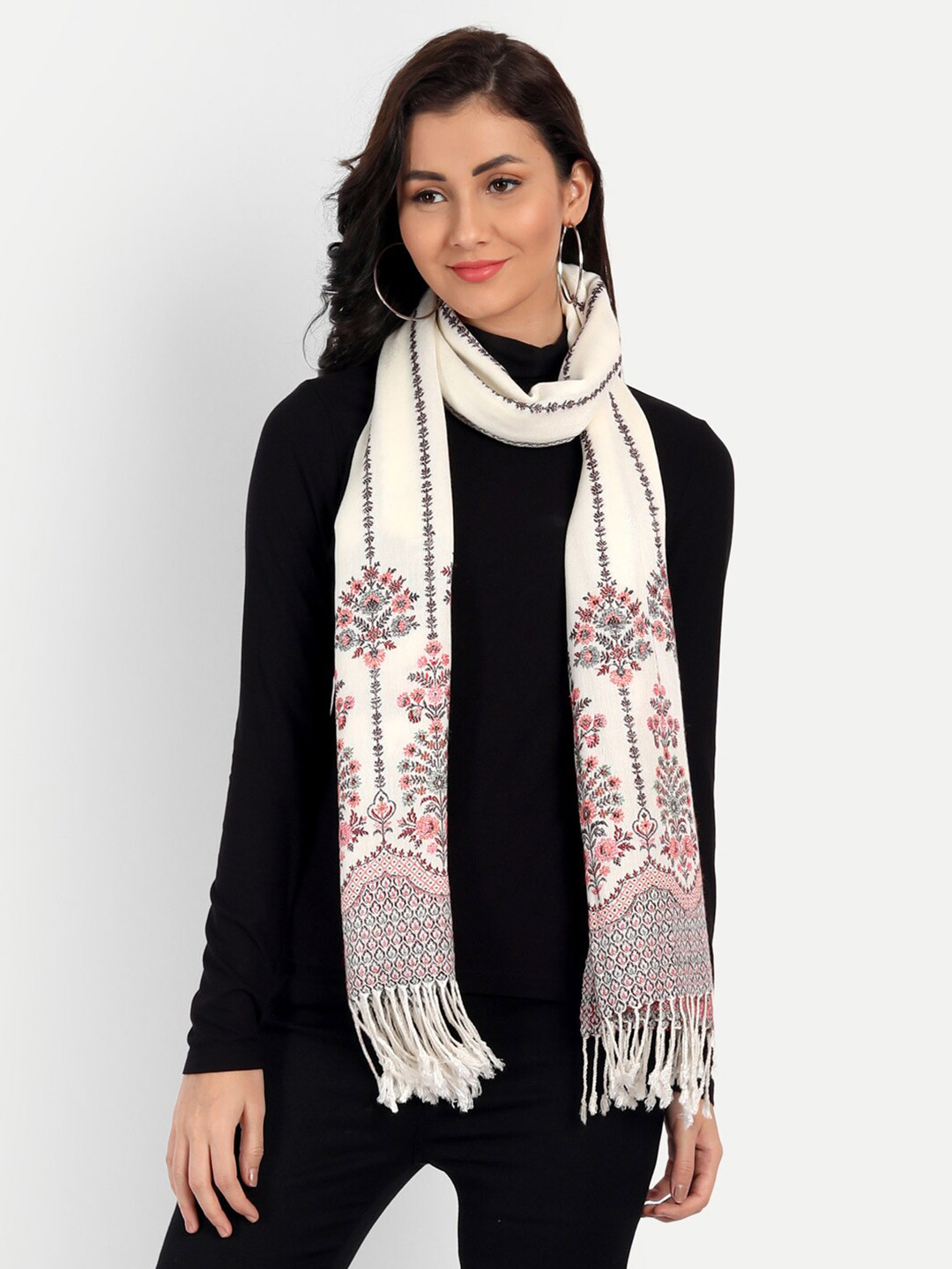 

HK colours of fashion Women Floral Woven Design Stole, Off white