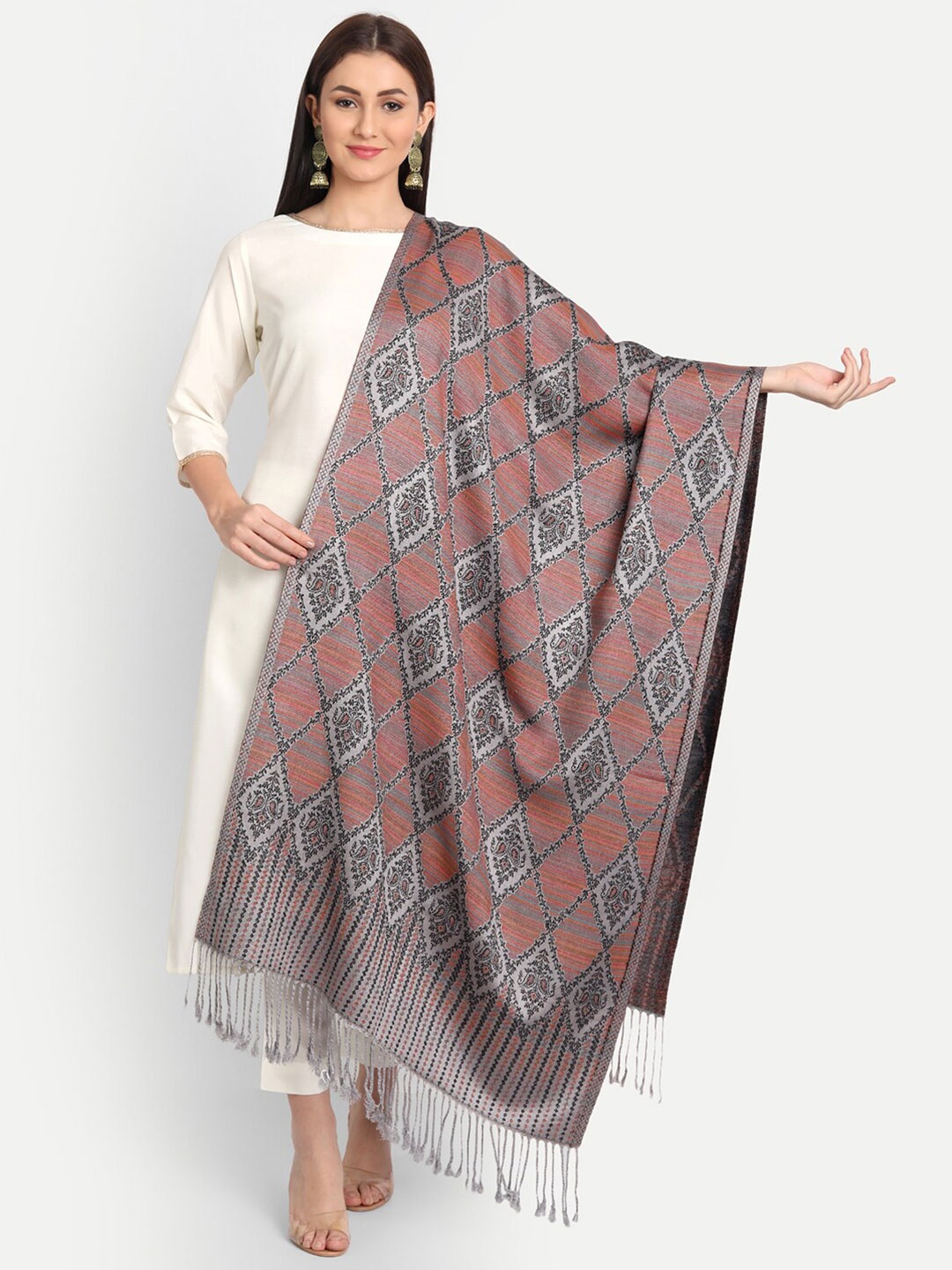 

HK colours of fashion Women Ethnic Motifs Woven Design Wool Stole, Grey