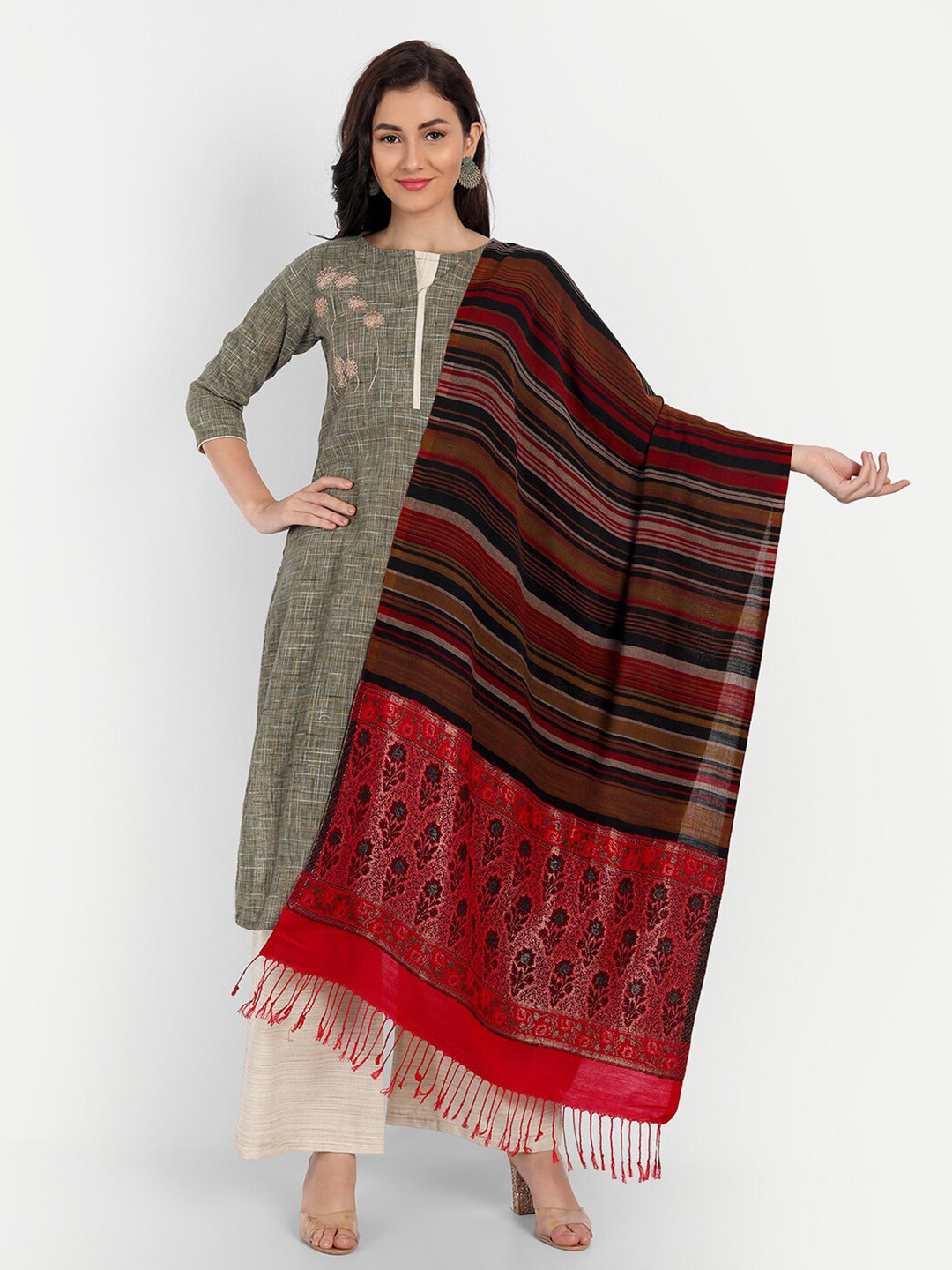 

HK colours of fashion Women Black & Red Woven Design Stole