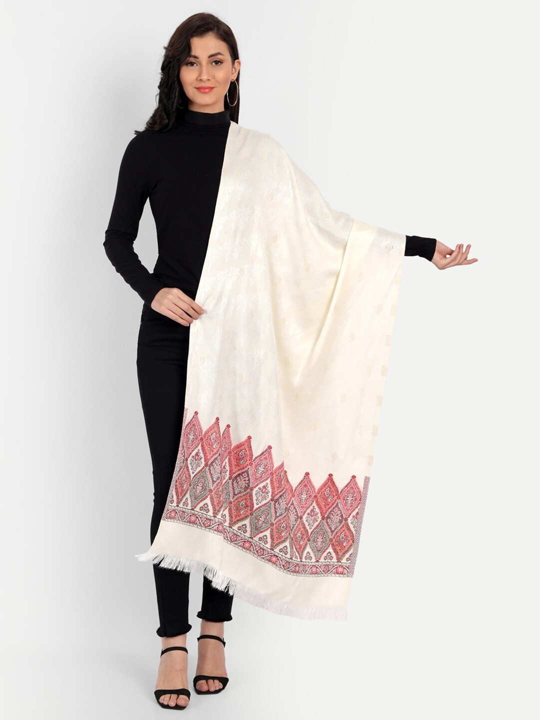 

HK colours of fashion Women Off White & Red Woven Design Stole