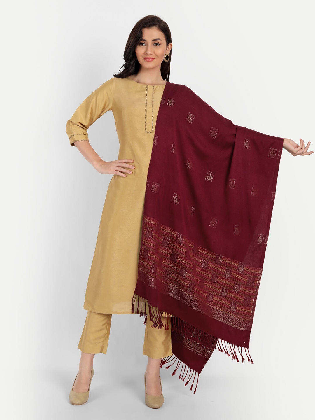 

HK colours of fashion Women Maroon & Yellow Woven Design Stole