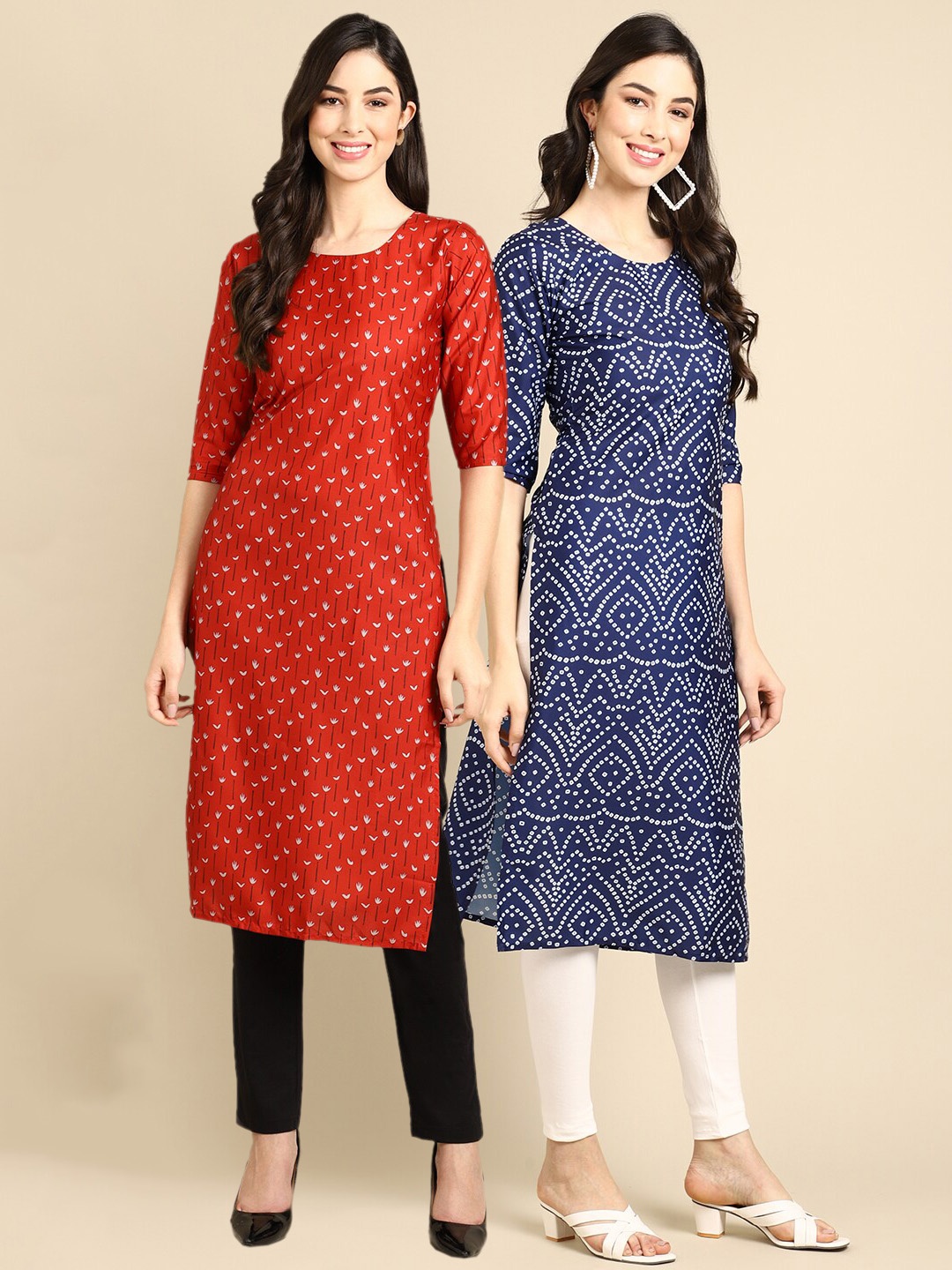 7Threads Women Pack of 2 Red & Blue Geometric Printed Block Print Handloom Crepe Kurta