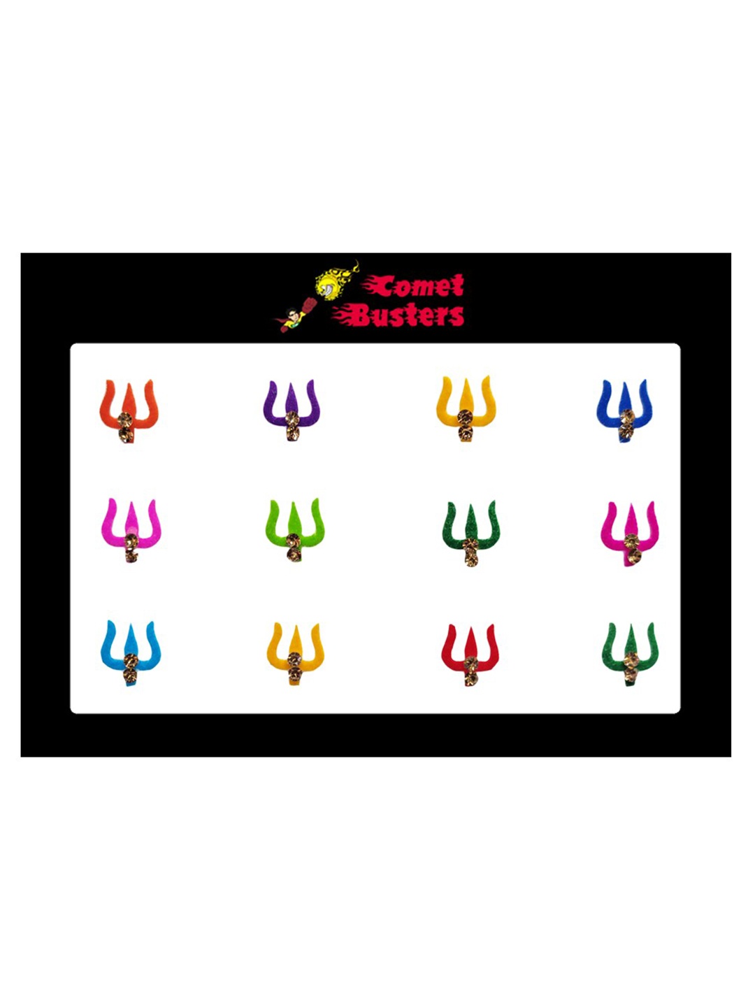 

Comet Busters 12 Pcs Embellished Reusable Trishul-Shaped Designer Bindis - Multicoloured, Multi