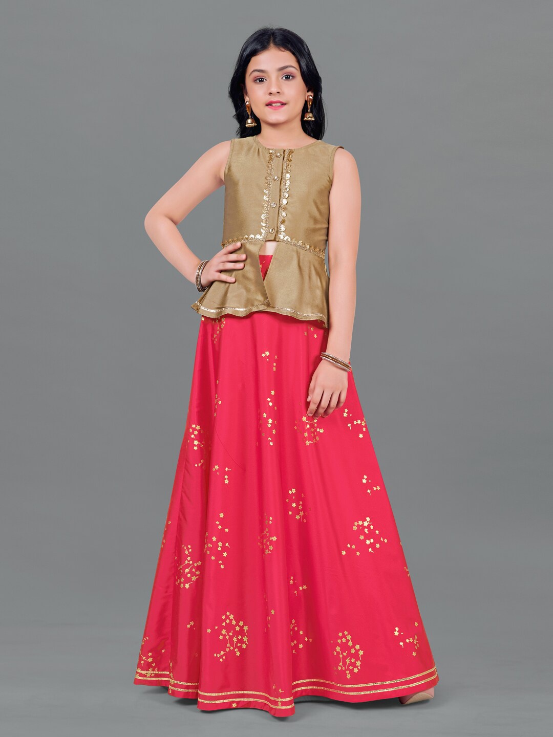 

FASHION DREAM Girls Beige & Red Embellished Sequinned Ready to Wear Lehenga &