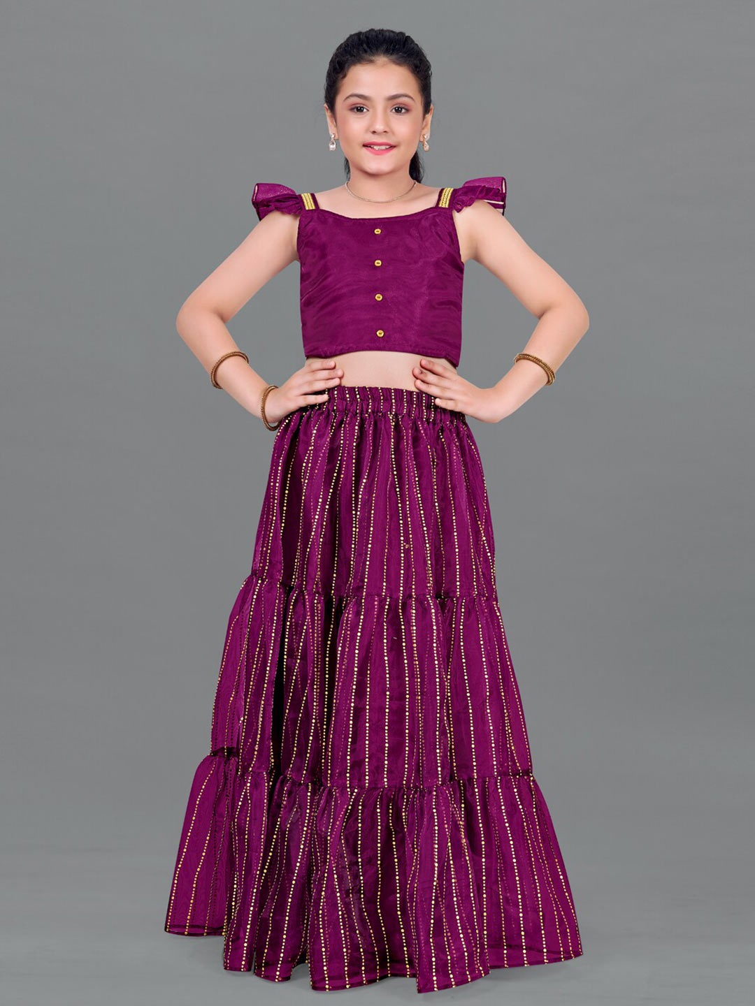 

FASHION DREAM Girls Purple & Gold-Toned Ready to Wear Lehenga &