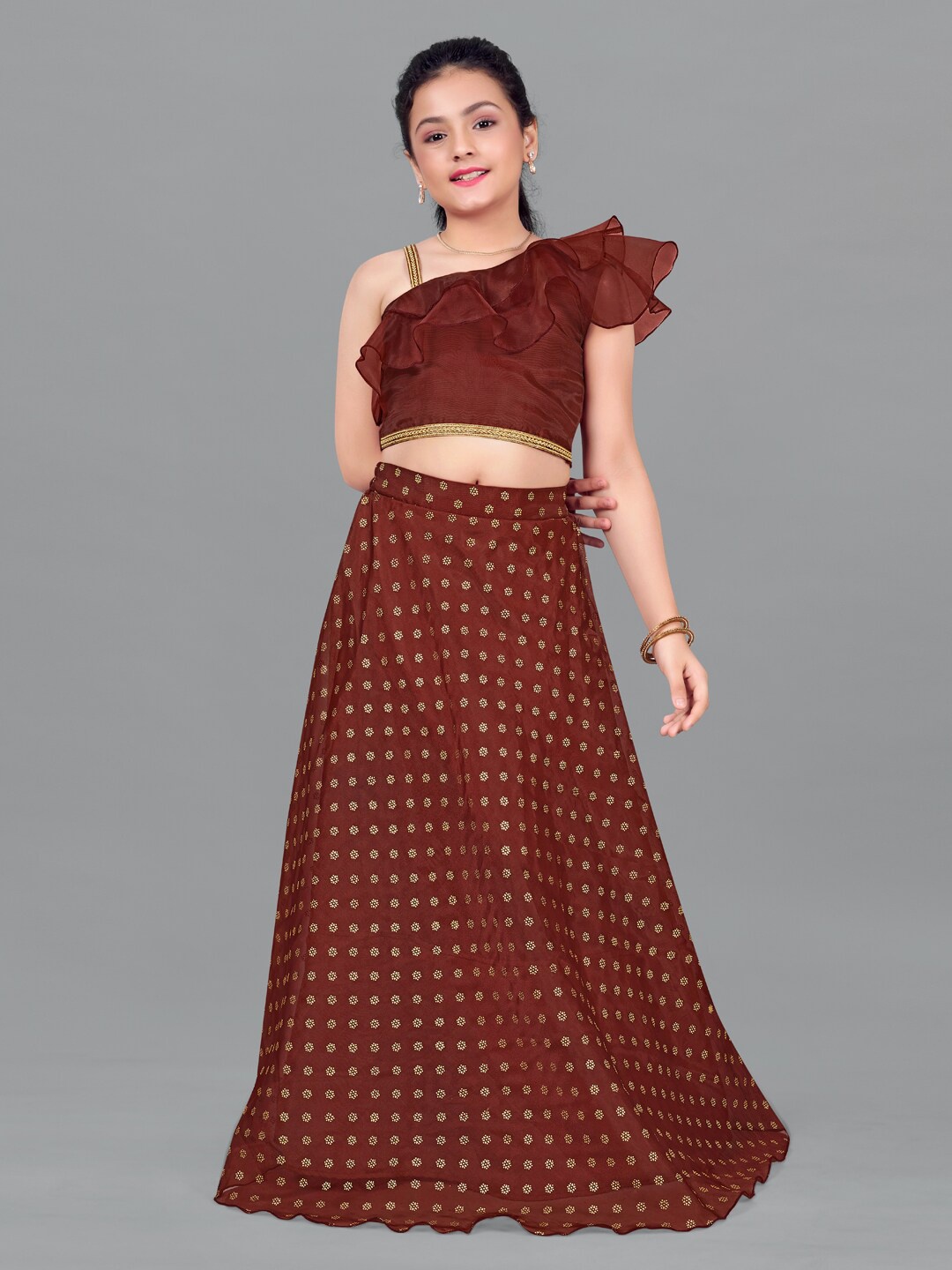 

FASHION DREAM Girls Brown & Gold-Toned Foil Print Ready to Wear Lehenga &
