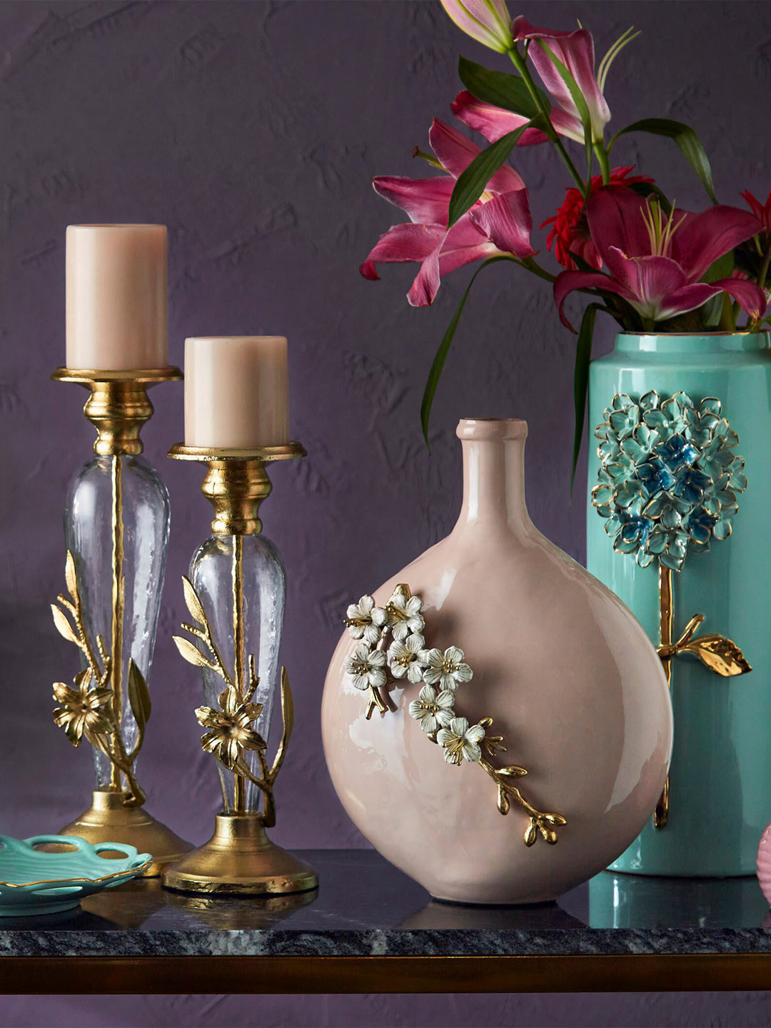 

Home Centre Gold-Toned Floral Textured Candle Holders