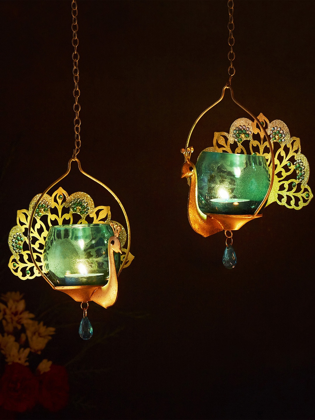 

Home Centre Set of 2 Mayur Zahi Peacock Hanging Votive Holder, Gold