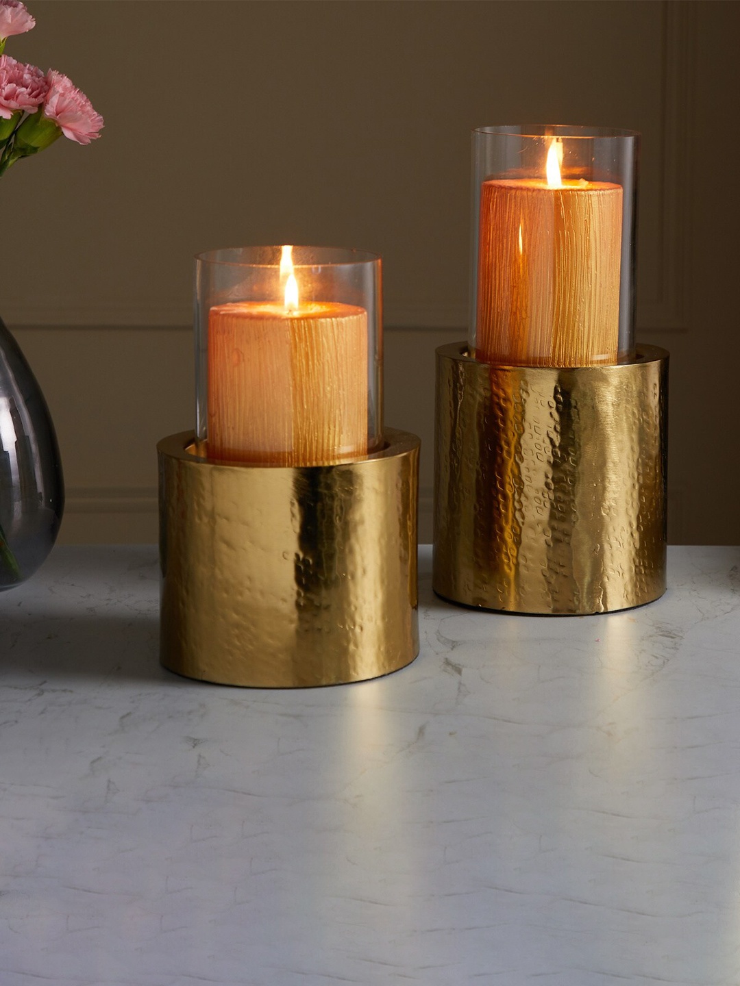 

Home Centre Set of 2 Gold-Toned Textured Pillar Candle Holders