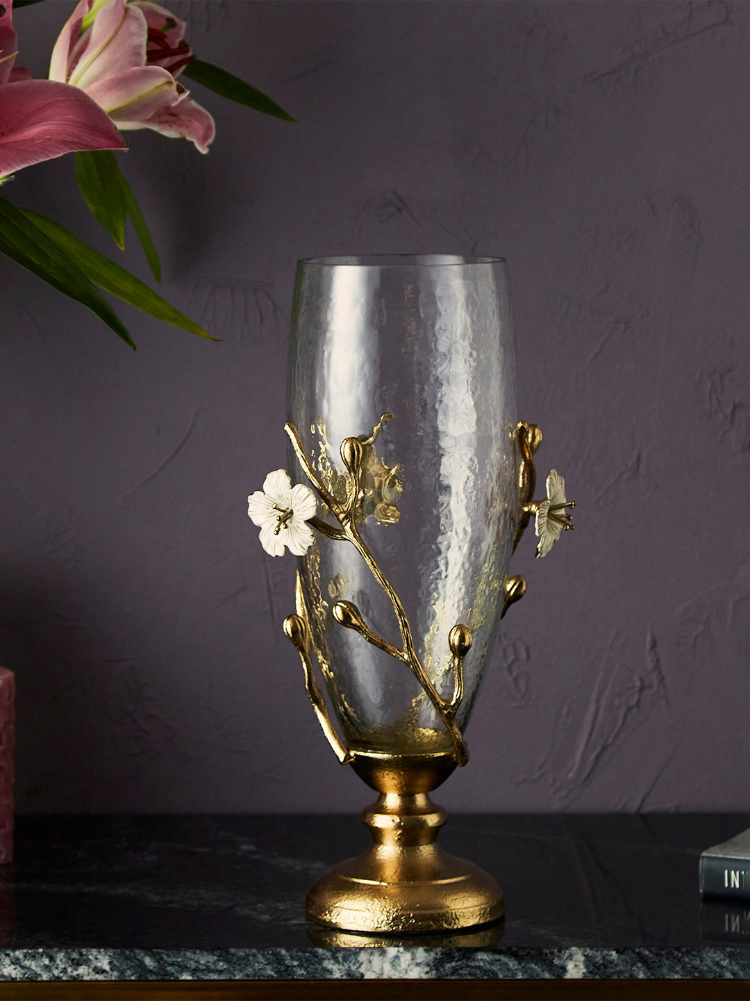 

Home Centre Moksha Decor Inessa Floral Glass Hurricane Holder, Gold