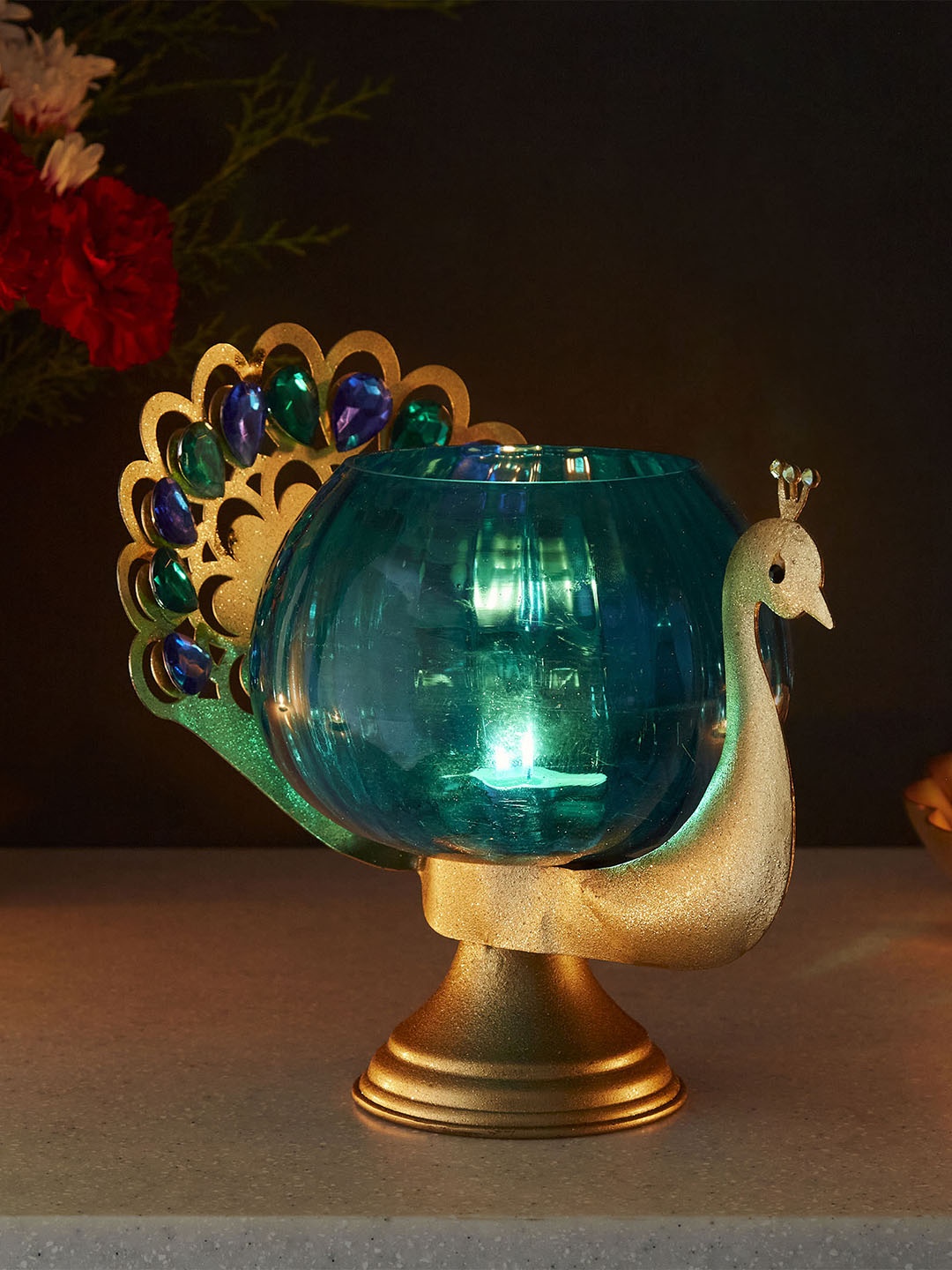 

Home Centre Mayur Zahi Peacock Votive Holder, Blue