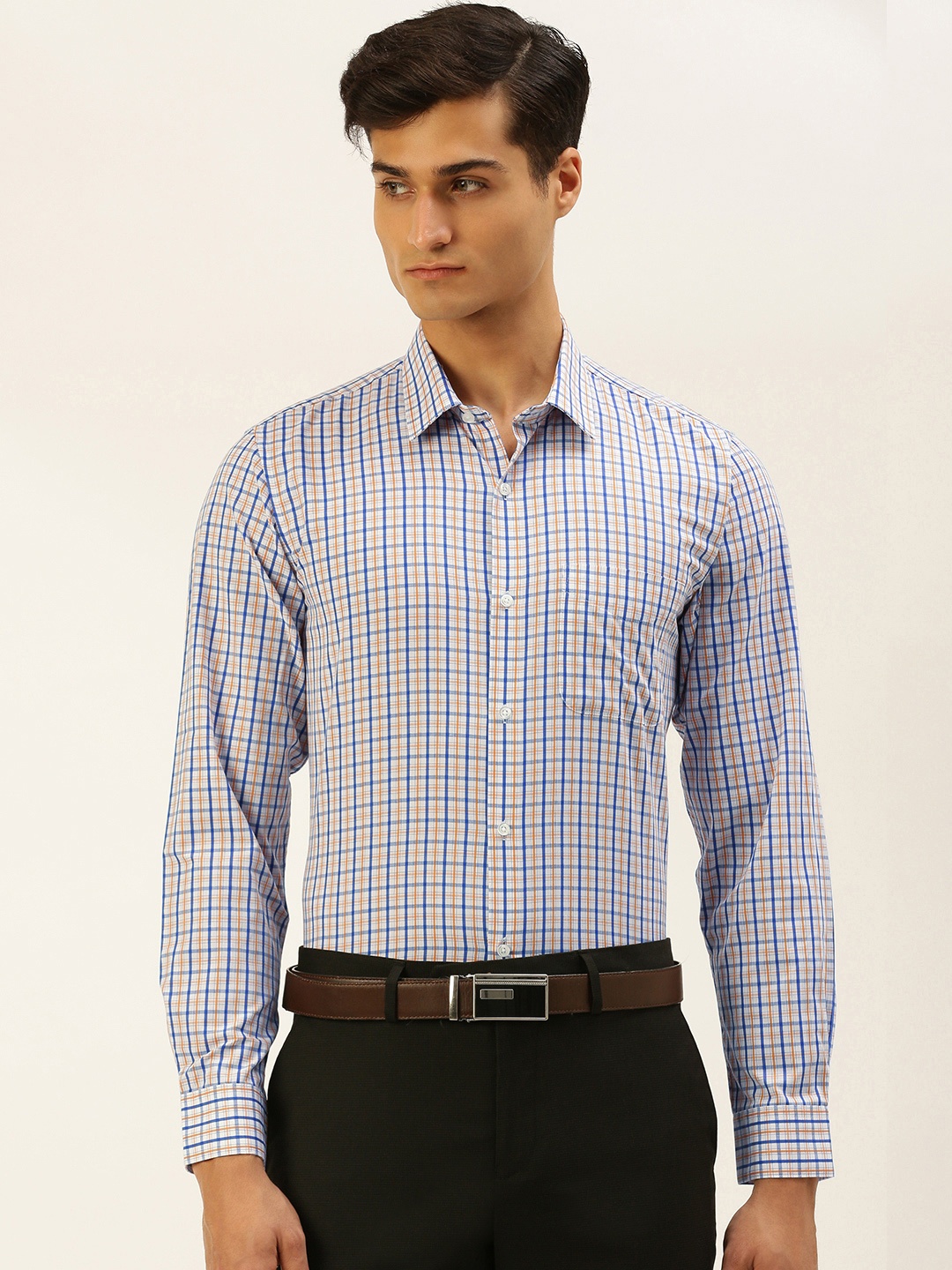 

Peter England Men Blue Slim Fit Tartan Checks Opaque Formal Shirt With Chest Pocket