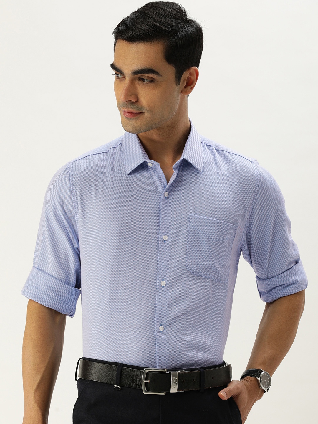 

Peter England Men Self Design Slim Fit Formal Shirt, Blue