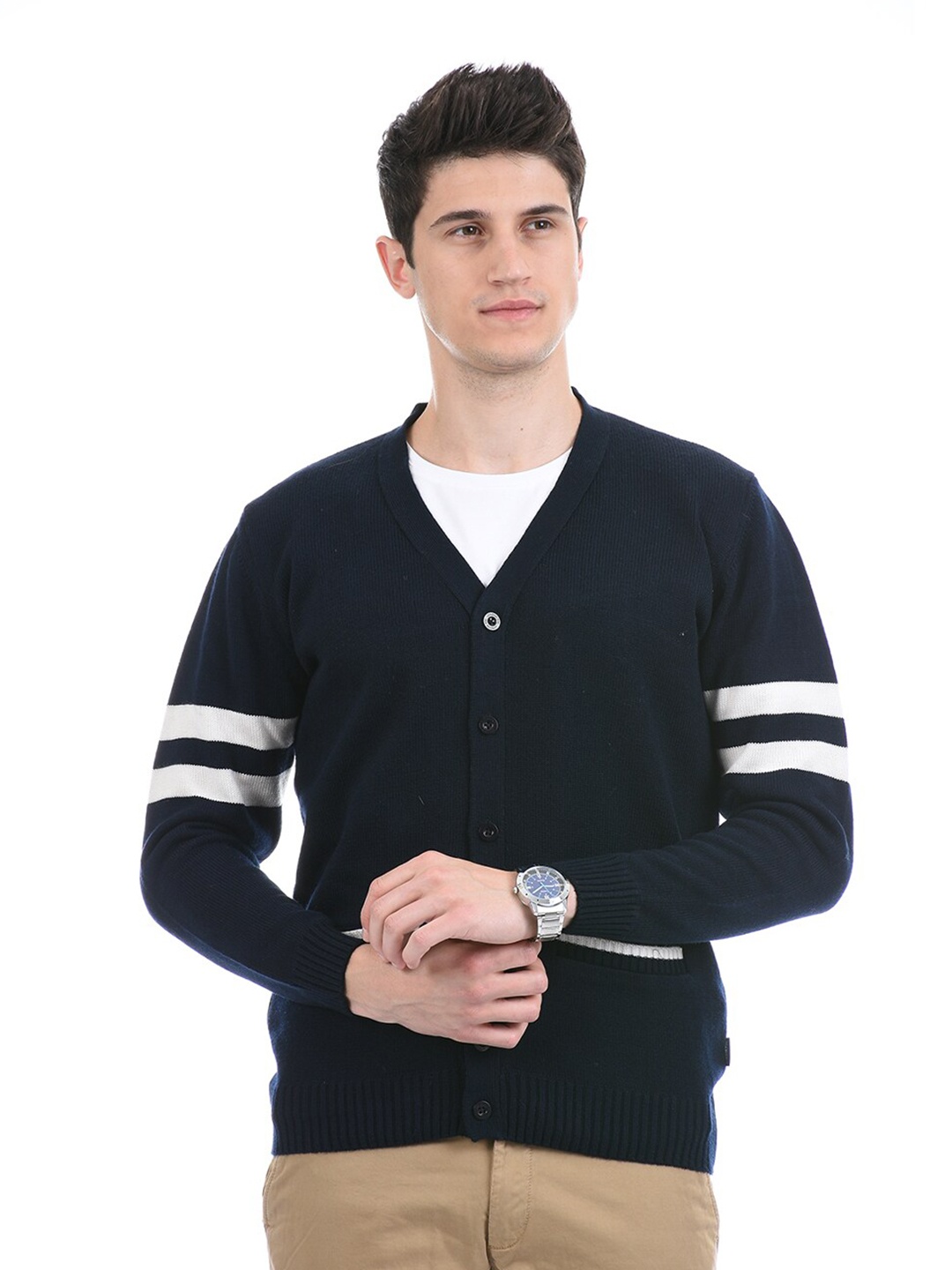 

LONDON FOG Men Navy Blue & White Striped Cardigan