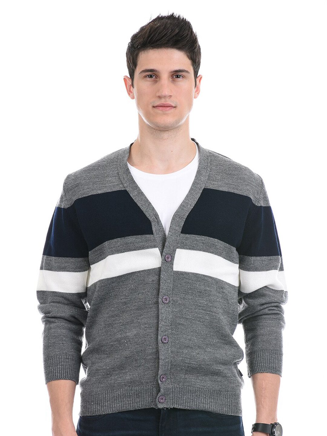 

LONDON FOG Men Grey & White Striped Cardigan