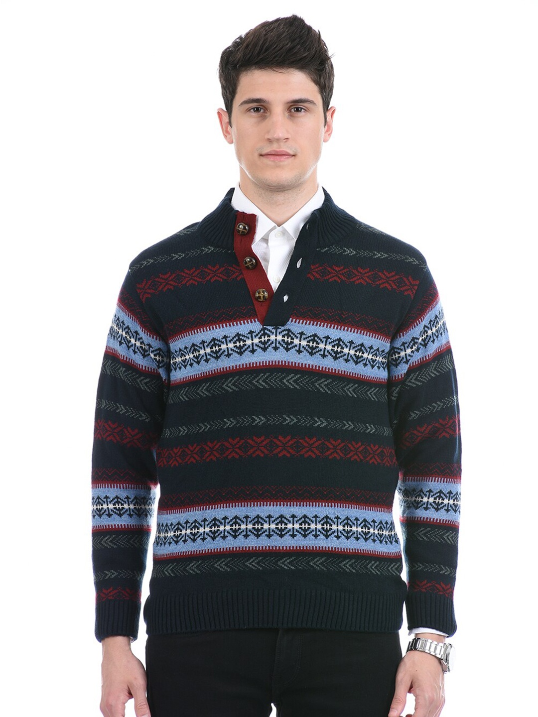 

LONDON FOG Men Blue & Maroon Printed Pullover