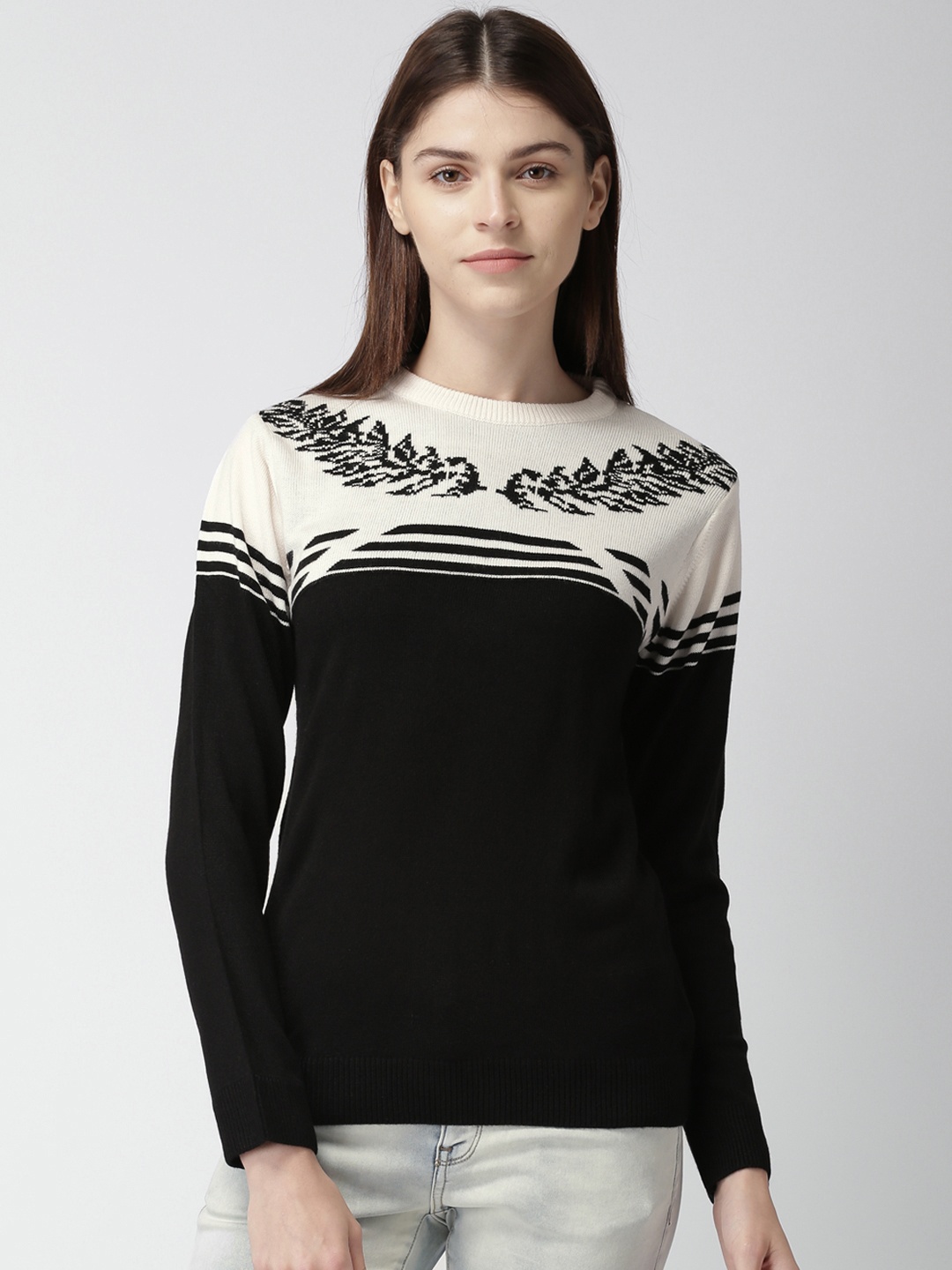 

Harvard Women Black & Cream-Coloured Self Design Sweater