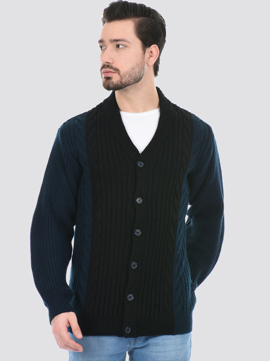 

LONDON FOG Men Navy Blue Cable Knit Cardigan