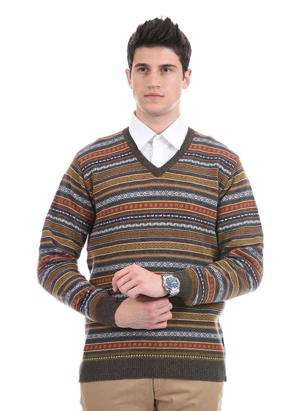 

LONDON FOG Men Green & Blue Striped Printed Pullover