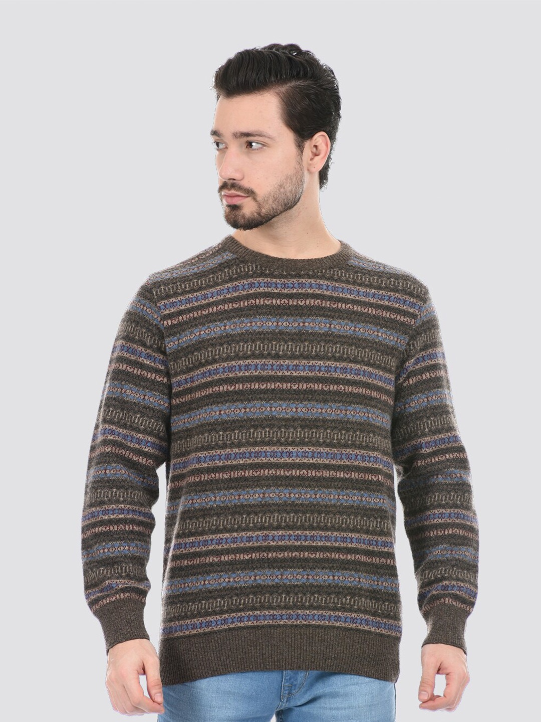 

LONDON FOG Men Brown & Blue Striped Printed Pullover