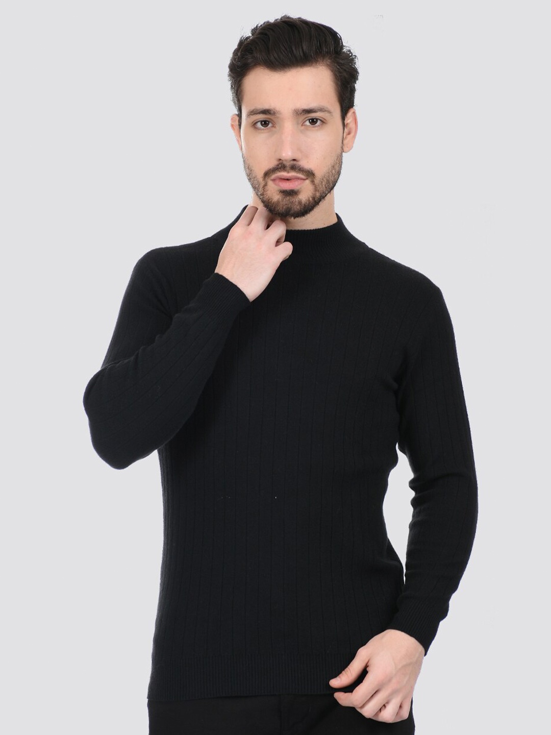 

LONDON FOG Men Black Solid Ribbed Pullover