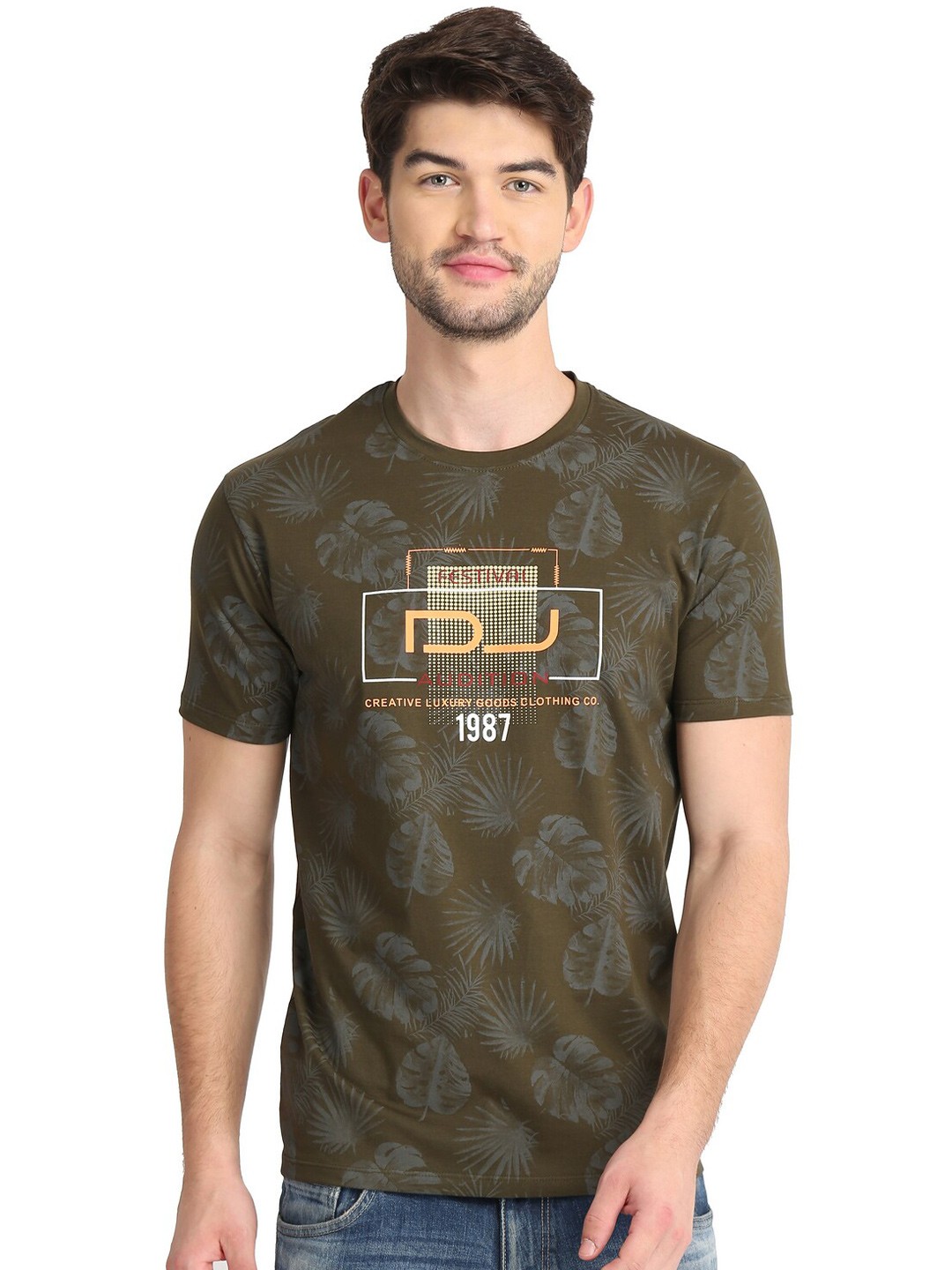 

COLVYNHARRIS JEANS Men Printed Tropical Slim Fit Cotton T-shirt, Olive
