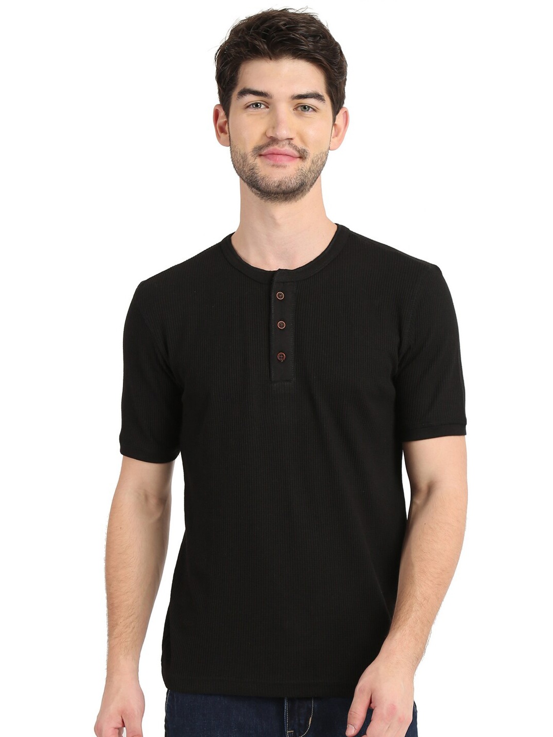 

COLVYNHARRIS JEANS Men Black Henley Neck Slim Fit T-shirt