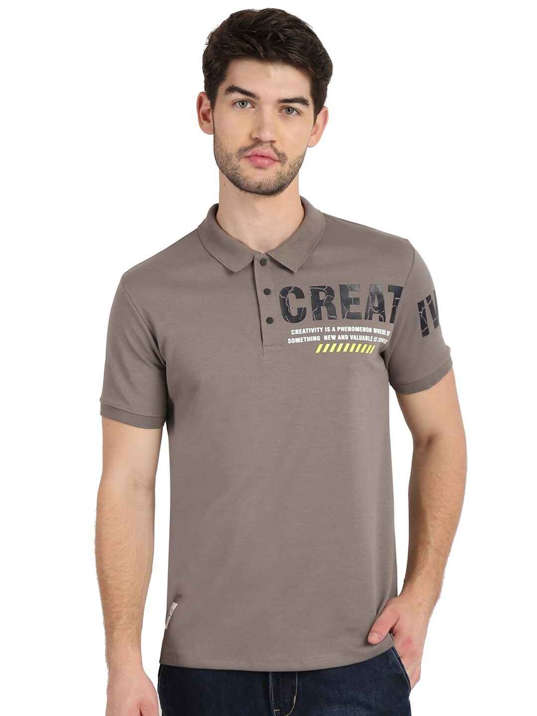 

COLVYNHARRIS JEANS Men Grey Typography Polo Collar Slim Fit T-shirt