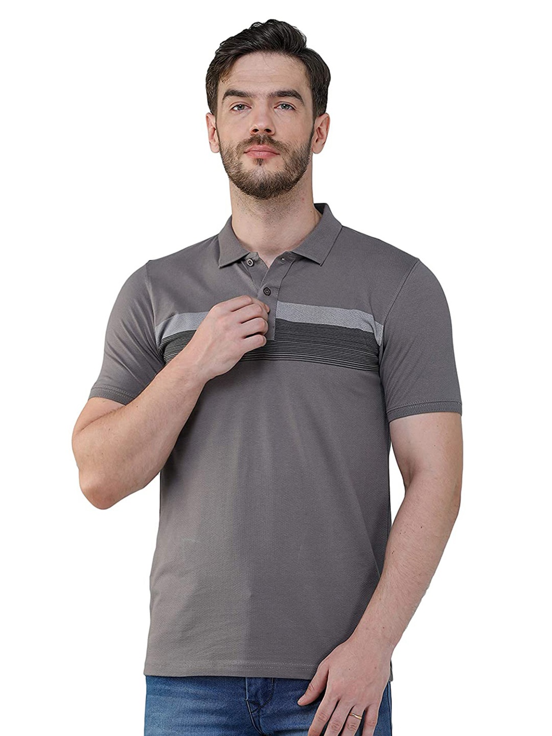 

COLVYNHARRIS JEANS Men Grey Striped Polo Collar Slim Fit T-shirt