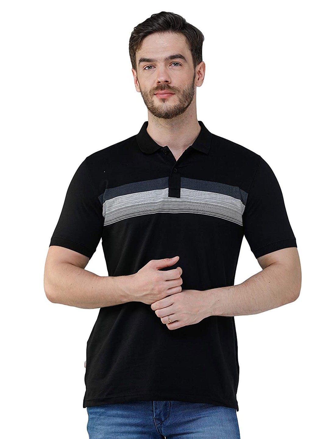 

COLVYNHARRIS JEANS Men Black Striped Mandarin Collar Monochrome Slim Fit T-shirt