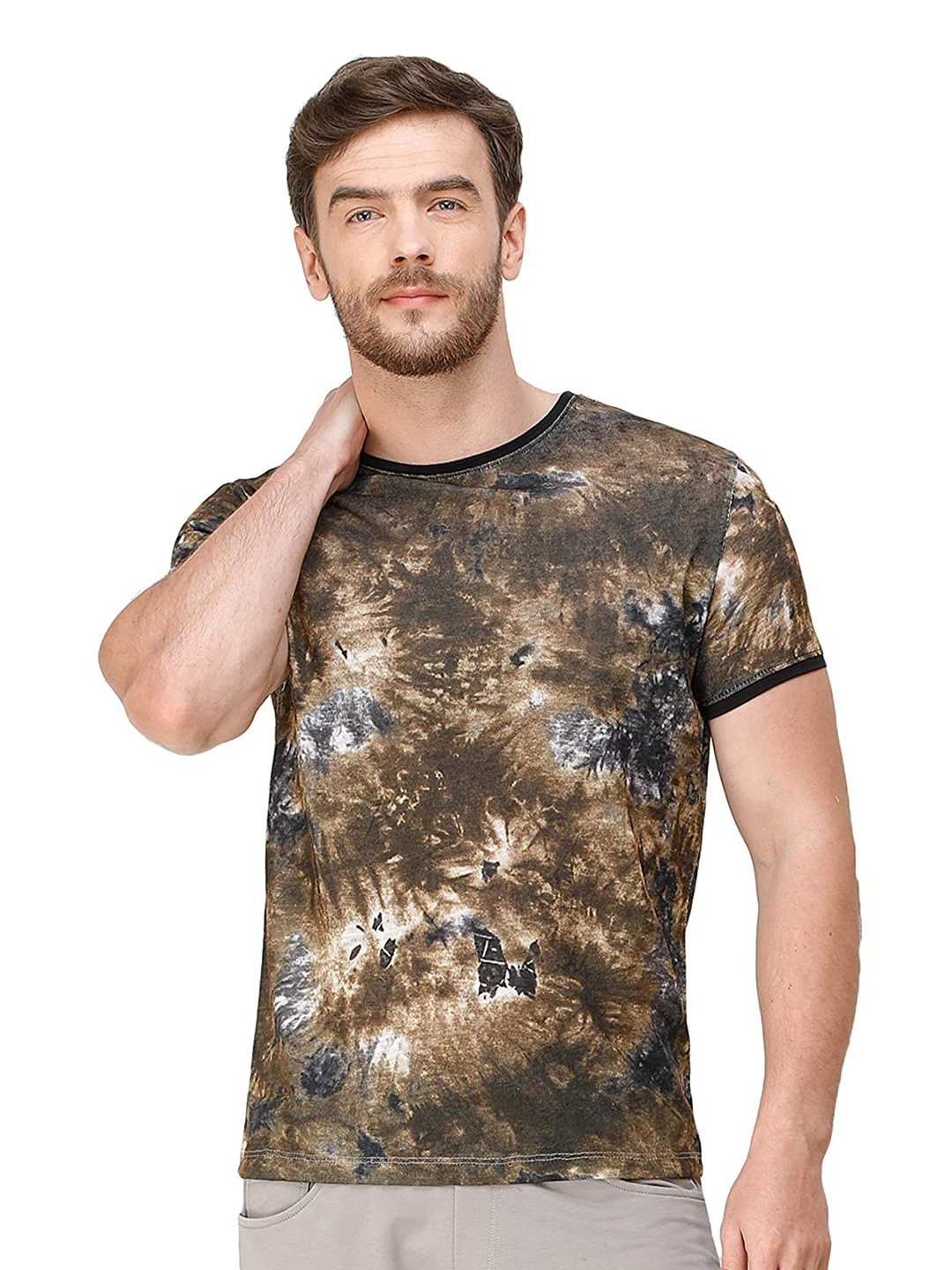 

COLVYNHARRIS JEANS Men Brown Printed Raw Edge Slim Fit T-shirt