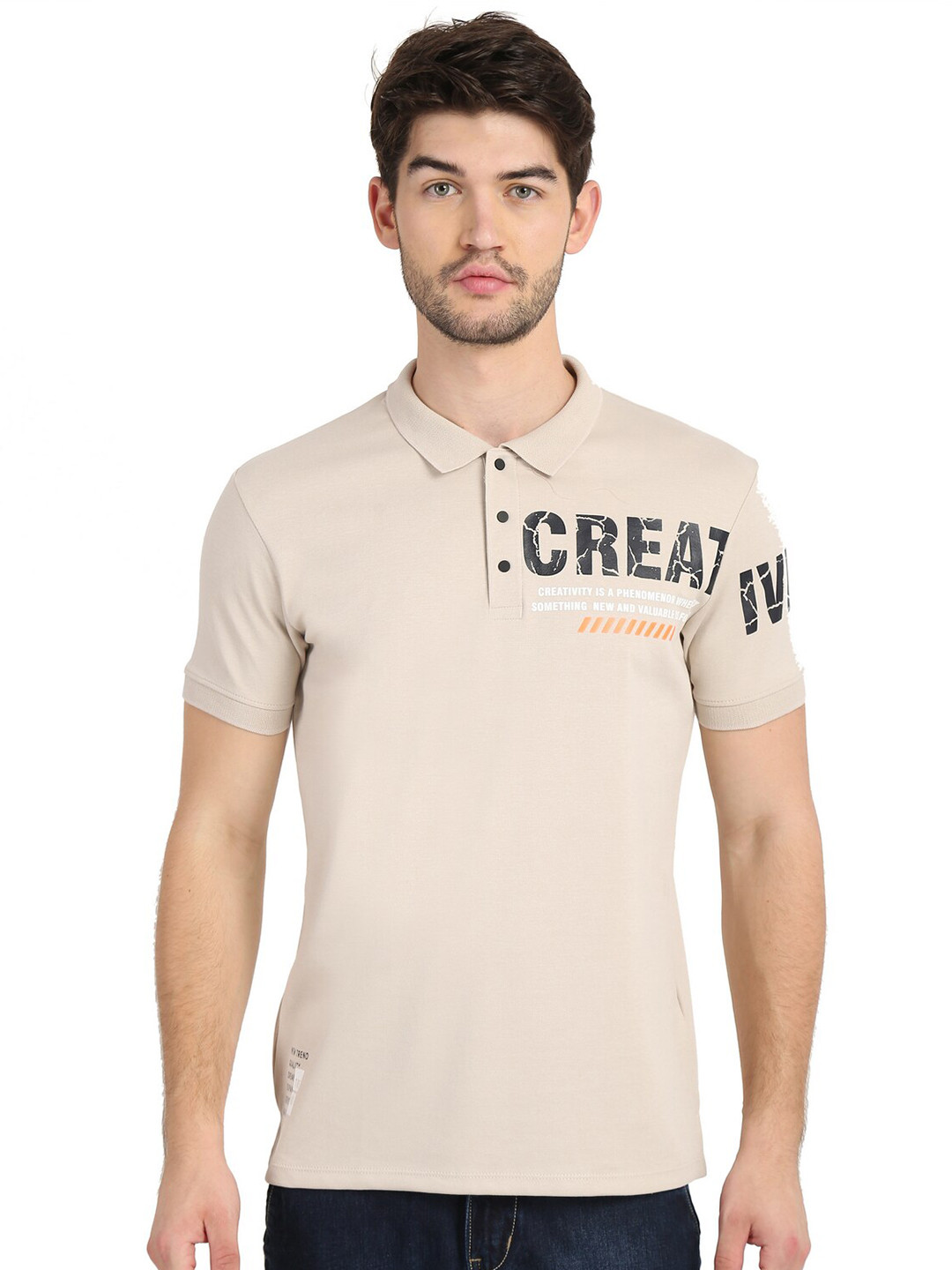 

COLVYNHARRIS JEANS Men Off White Typography Henley Neck Slim Fit T-shirt