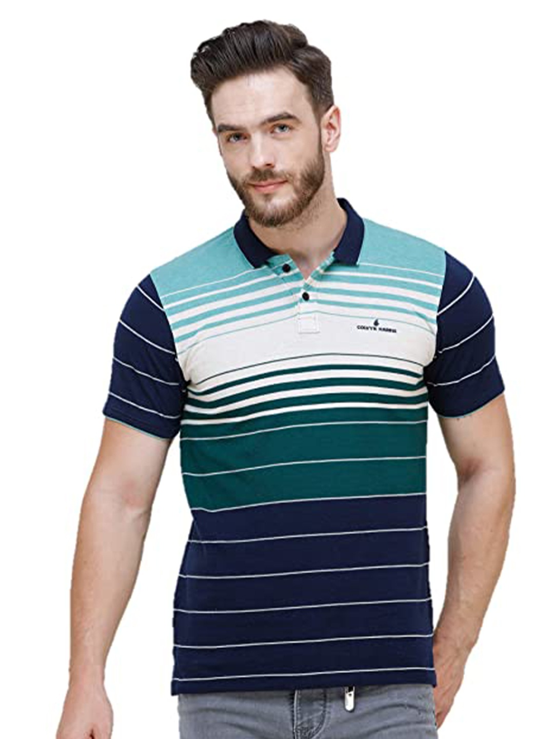 

COLVYNHARRIS JEANS Men Green Striped Polo Collar Applique Slim Fit T-shirt