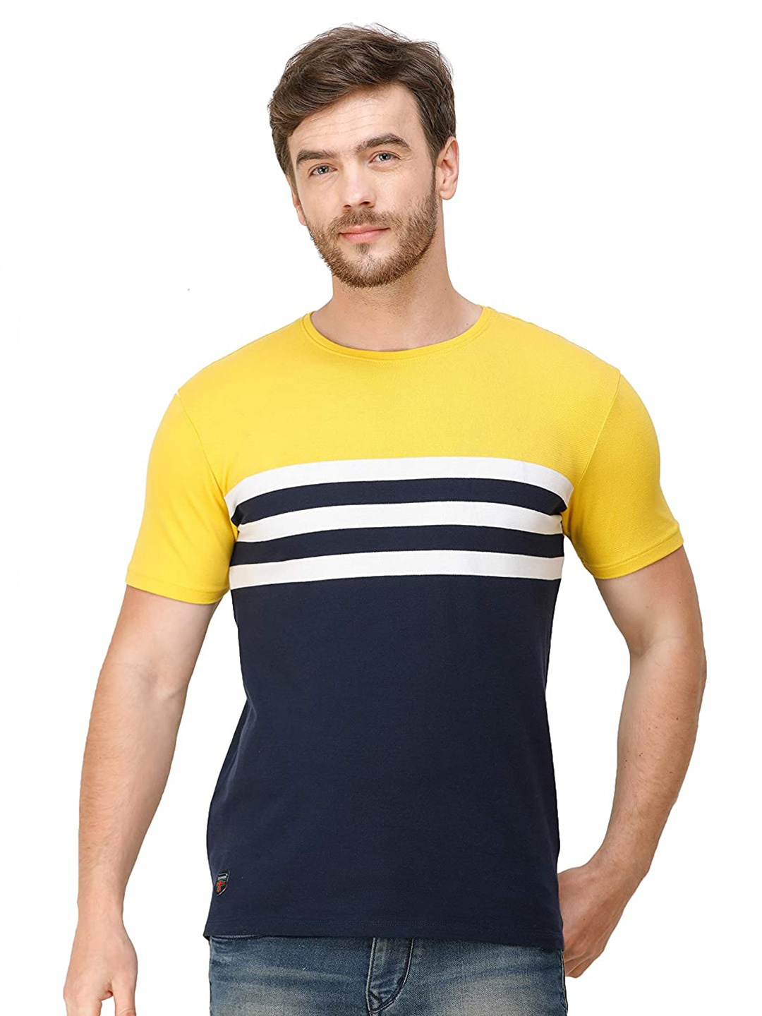 

COLVYNHARRIS JEANS Men Yellow Colourblocked Extended Sleeves Monochrome Applique Slim Fit T-shirt