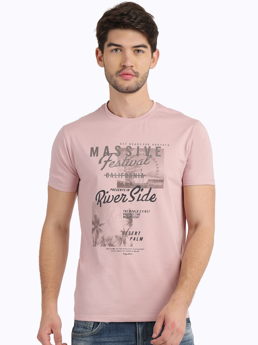 

COLVYNHARRIS JEANS Men Pink Typography Printed Slim Fit T-shirt