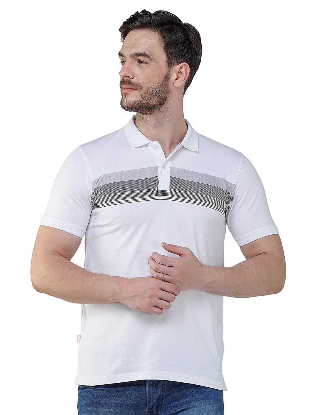 

COLVYNHARRIS JEANS Men White Striped Polo Collar Slim Fit T-shirt