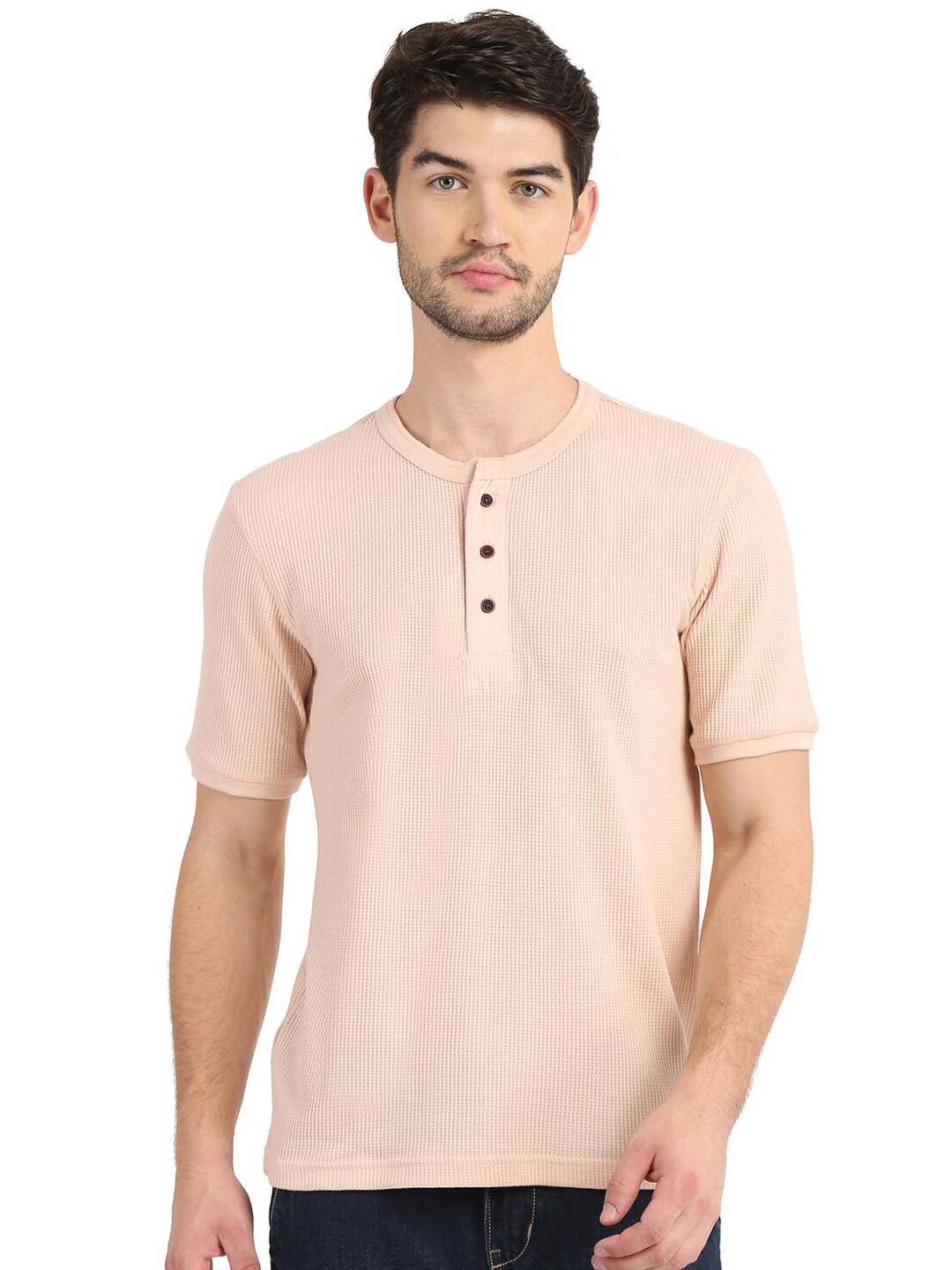 

COLVYNHARRIS JEANS Men Pink Henley Neck Slim Fit T-shirt