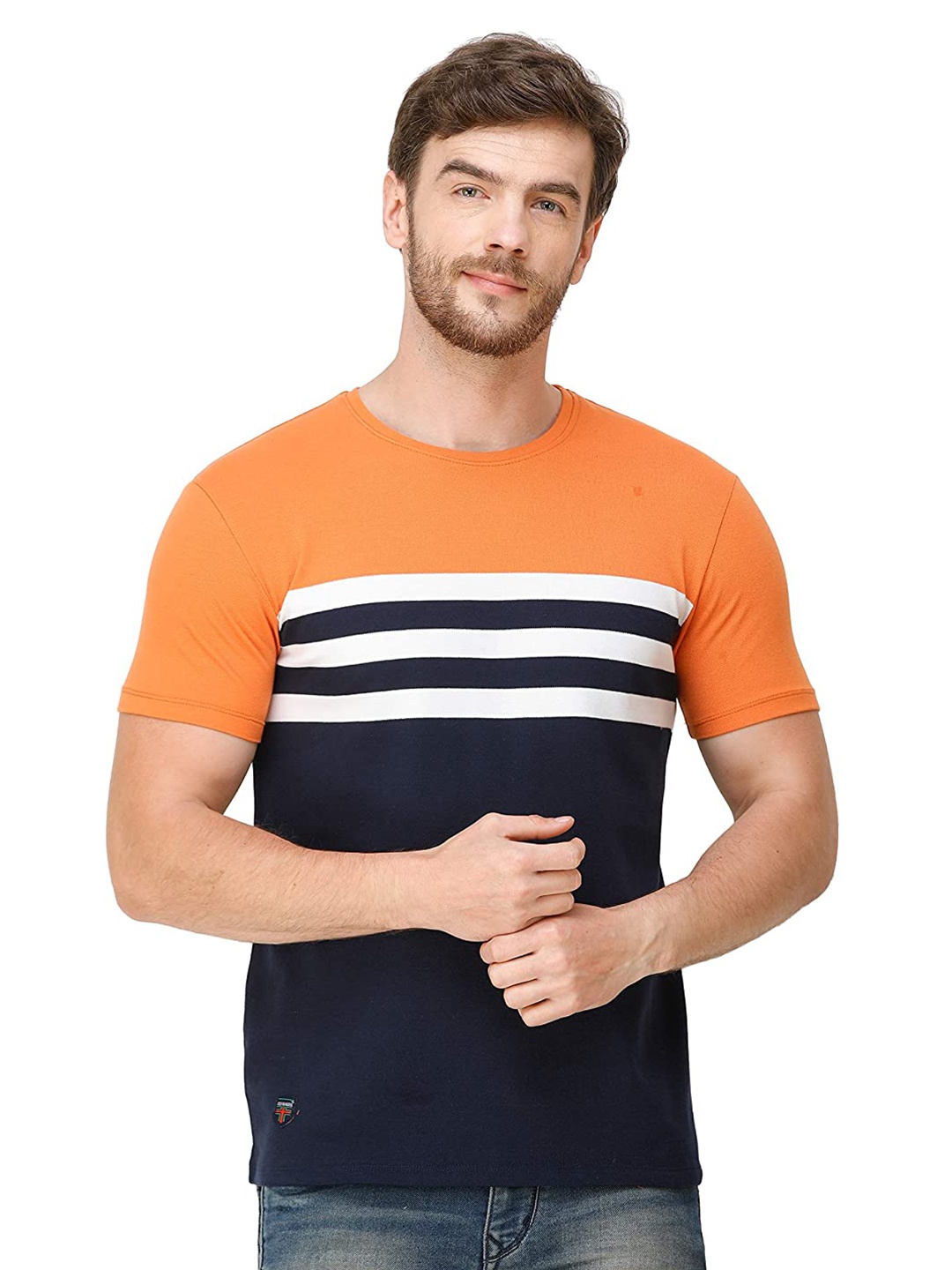 

COLVYNHARRIS JEANS Men Orange Colourblocked Slim Fit T-shirt