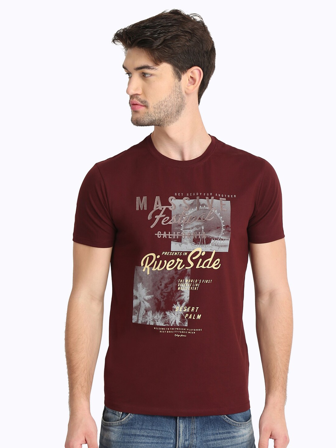 

COLVYNHARRIS JEANS Men Printed Round Neck Slim Fit T-shirt, Maroon
