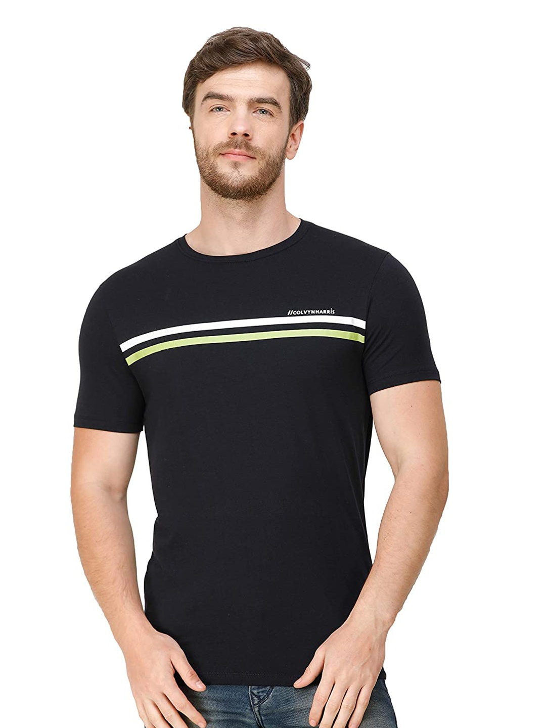 

COLVYNHARRIS JEANS Men Striped Slim Fit T-shirt, Black