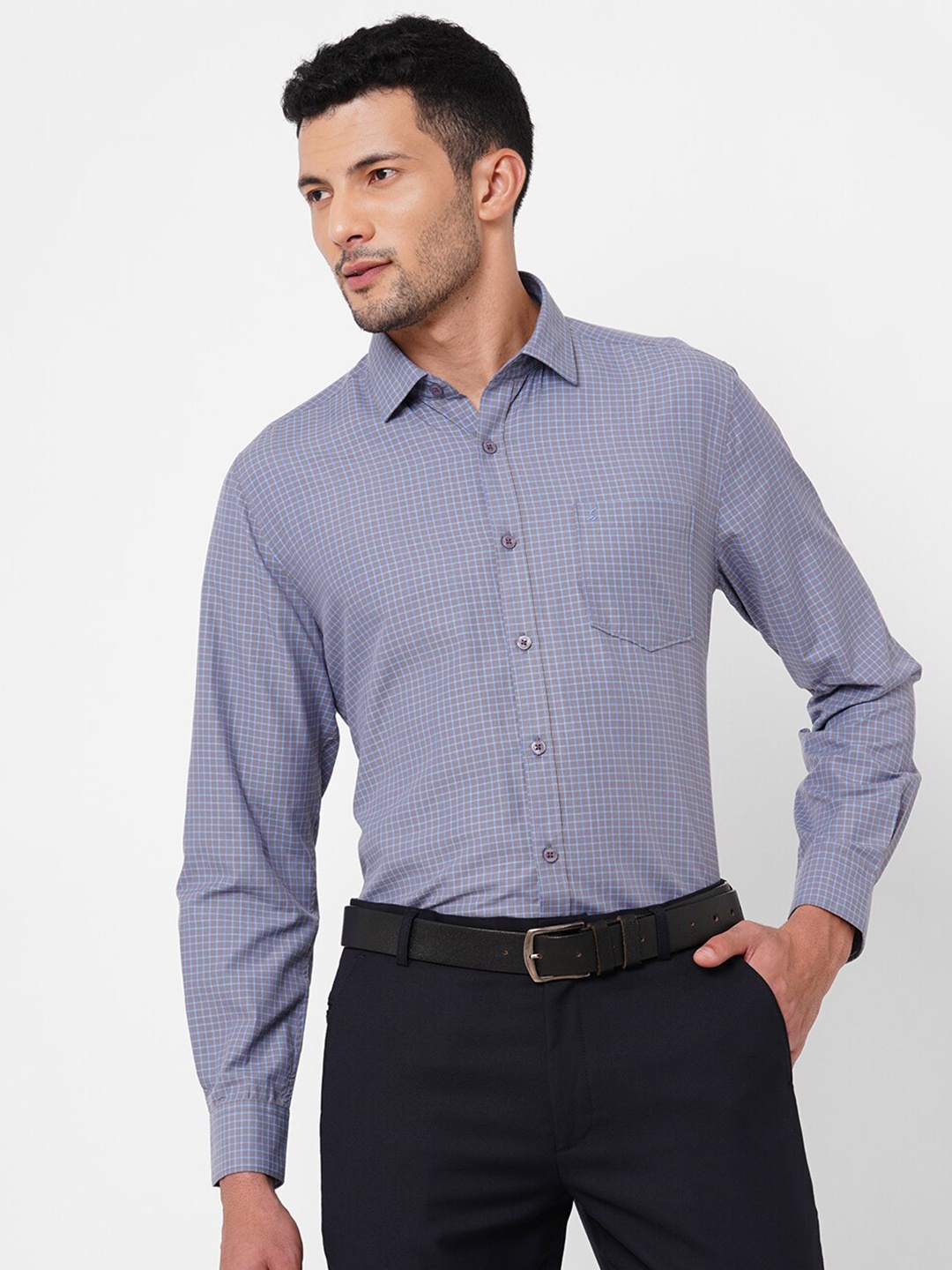 

Solemio Men Classic Grid Tattersall Checks Formal Shirt, Grey