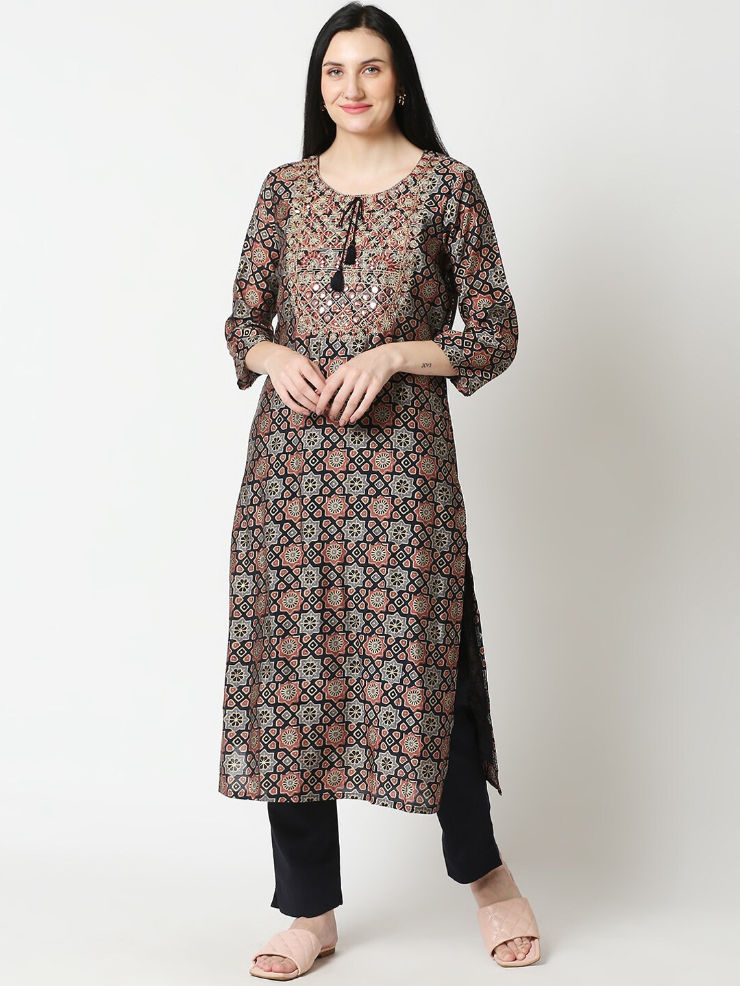 

Aanyor Women Navy Blue Ethnic Motifs Embroidered Mirror Work Pure Cotton Kurta with Trousers